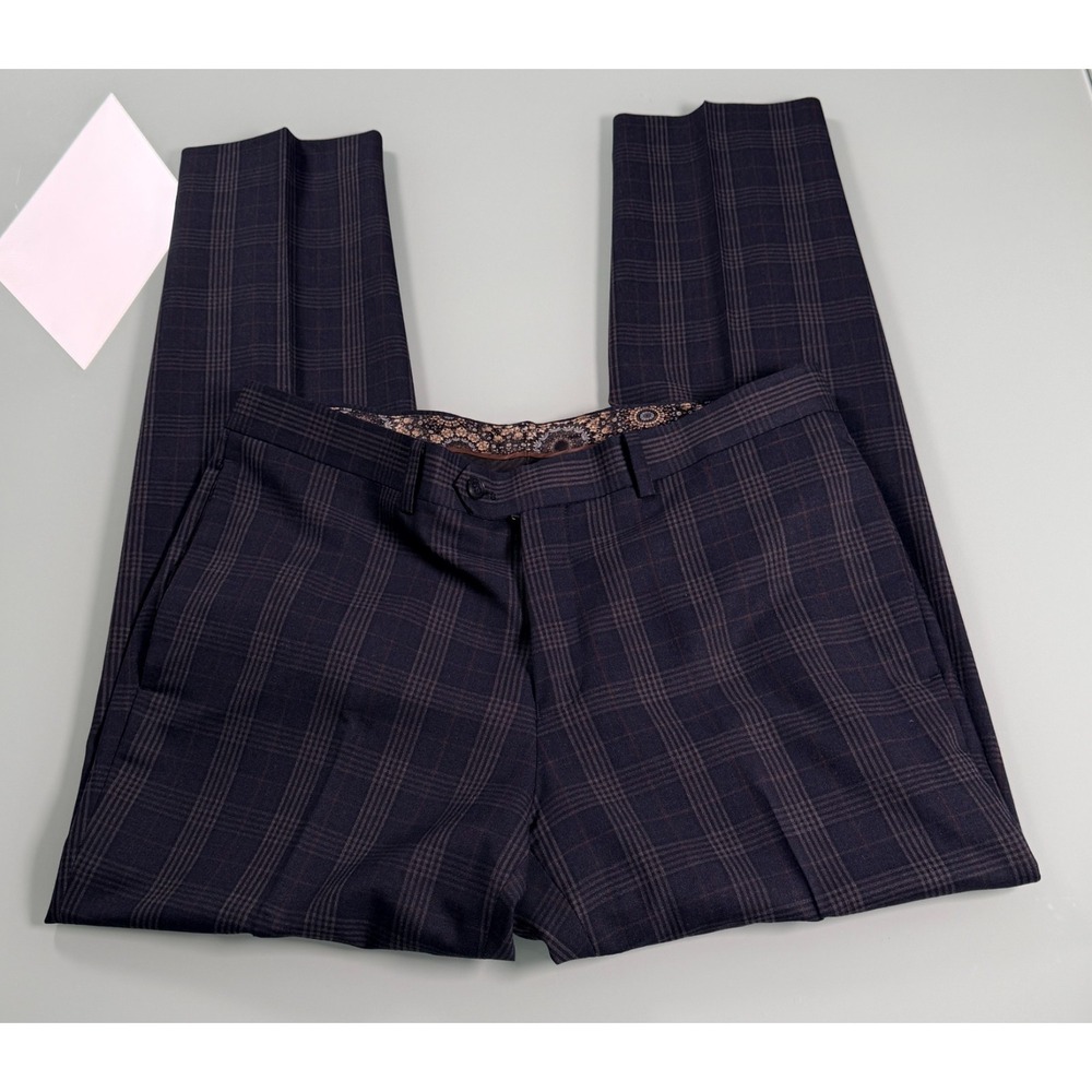 Tallia Dress Trouser Chino Pants Men's 34x30 Navy Plaid Straight Leg DadCore
